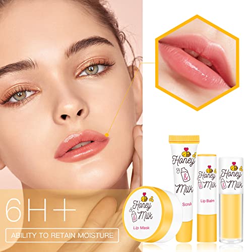LSxia 4 Piece Honey Milk Lip Mask Lip Balm Lip Scrub Lip Oil Lip Care Kit, Moisturizing & Nourishing Dry and Cracked Lips,...