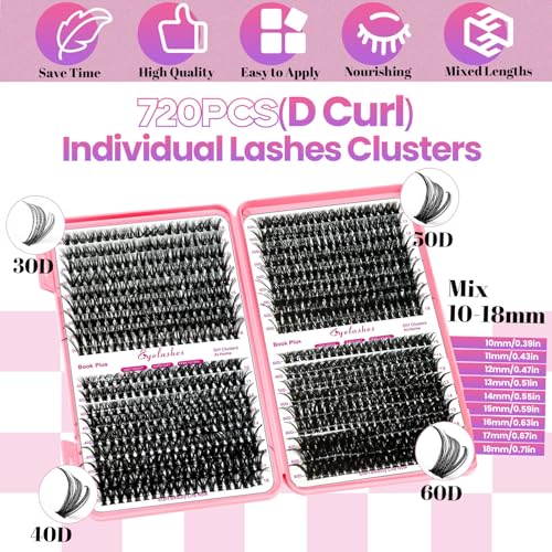 Qiveaory DIY Lash Extension Kit 720pcs Individual Lashes Clusters D Curl Eyelash Extension Kit with Lash Bond and Seal, Ey...