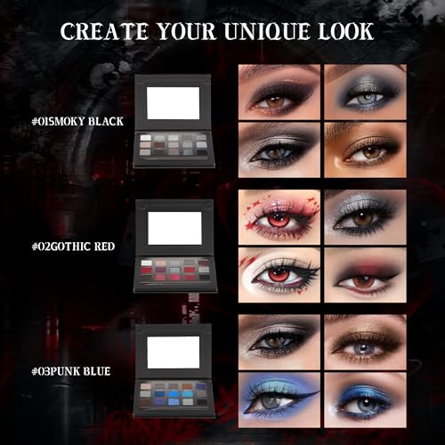 VANERIA Black Smoky Eyeshadow Palette,15 Colors Goth Makeup Palette,Silver Grey Eyeshadow,High Pigment,Long Wear,Red Glitt...