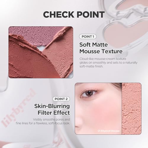 lilybyred Luv Beam Cheek Mousse | Heart-Shaped Korean Mousse Cream Blush, Velvety Soft-Matte Texture, Pore-Blurring Finis...