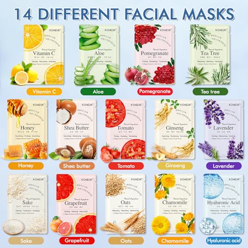 KONEUK 14 Pack Sheet Face Masks Skincare, Hydrating Face Masks Suitable for Dry Skin, Bulk Facial Mask Set for Women Skin ...