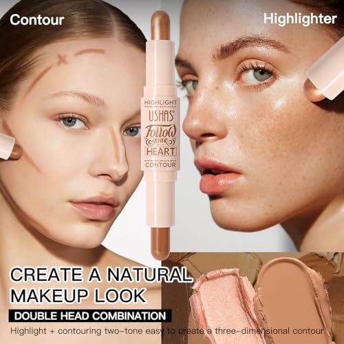 USHAS 2pcs Concealer Stick and highlighter 2 in 1 Dual-Ended Contour Contouring Makeup Stick, Natural Coverage, Lightweigh...