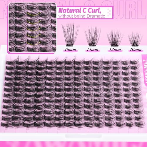 Yawamica Natural Lash Clusters DIY Cluster Eyelash Extensions 10-16mm Wispy Eyelash Clusters C Curly Individual Lashes 168...