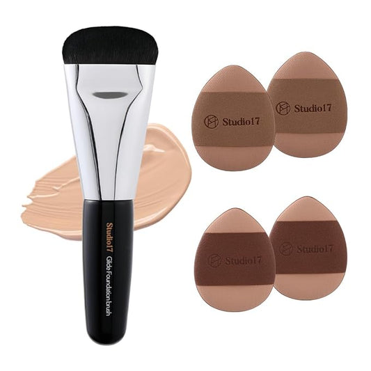 Studio17 Mini Flat Foundation Brush & Small Puff Set | Small Makeup Brush Set with 4 Mini Sized Puffs | Kit for Liquid Fou...