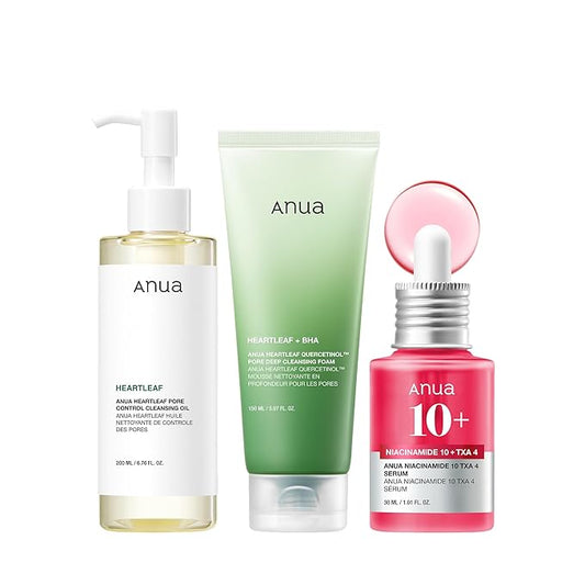 Anua 3-Step Glass Skin Beginner Set, Double Cleansing with Facial Serum, Oil Cleanser & Face Wash with Heartleaf, Daily Ro...