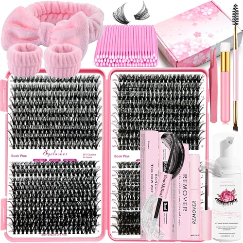 DNSGOOR DIY Lash Extension Kit 720Pcs 10-18mm D Curl Lashes Clusters with Lash Bond and Seal Glue Remover Lash Shampoo Cle...