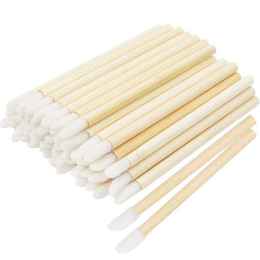 100 Pcs Disposable Lip Brushes Premium Lipstick Applicator Wands Bamboo Handle Makeup Tool Kits (Bamboo handle white)