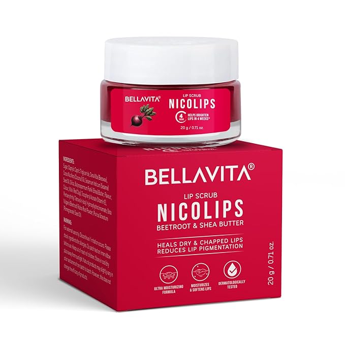 BellaVita Luxury NicoLips Lip Scrub 20gm | Lip Balm For Exfoliation & Dark Lip Moisturizing | With Goodness of Beetroot, S...
