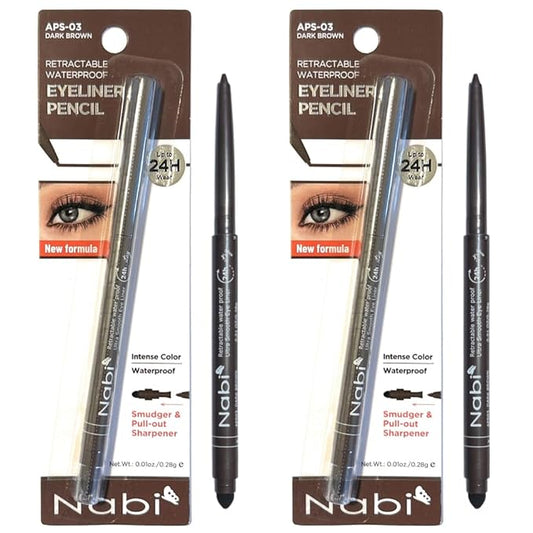 (Set of 2) Nabi Waterproof Glide Gel Eyeliner Pencil, Smudge-Proof, 24H Long-Lasting, Built-In Smudger & Sharpener (Dark B...
