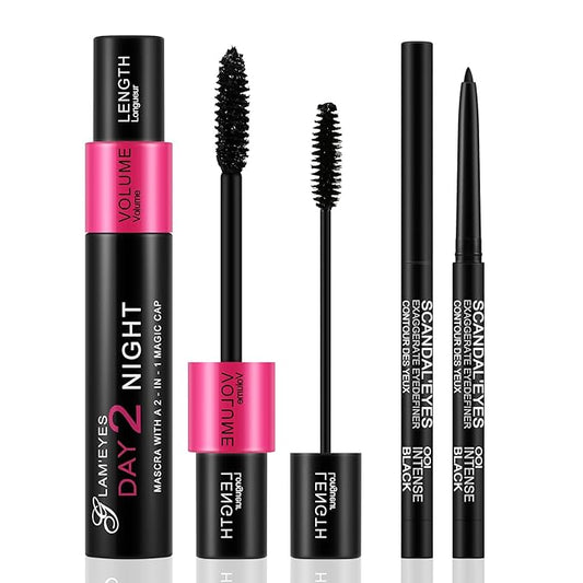 GEUUFEA Black Volume Mascara & Eyeliner Pen Kit, Waterproof Smooth Eye Liner Gel, Lash Mascara Primer, Long Lasting Eye li...