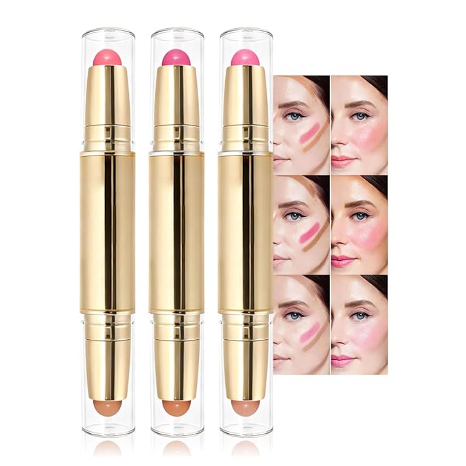 evpct 3Pcs 2In1 Blush Contour Multiuse Makeup Sticks Set, Pink Rose Berry Tan & Nude Brown Creamy Butter Blush Bronzer Con...