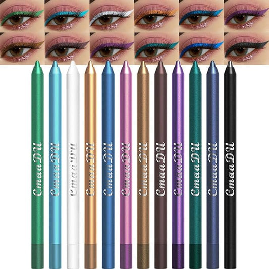 12Pcs Colored Gel Glitter Eyeliner Pencils Set Dark Light Emerald Green Sky Royal Blue Black White Pink Purple Brown Gold ...