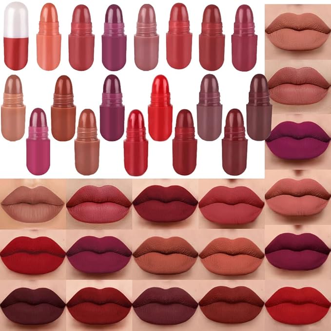 BINGBRUSH 18Pcs Pill Lipstick Capsules Samples Mini Set Makeup, Long Lasting Lip Stain Lápiz Labial Rojo Women Red Cute Li...