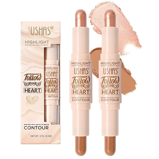 USHAS 2pcs Concealer Stick and highlighter 2 in 1 Dual-Ended Contour Contouring Makeup Stick, Natural Coverage, Lightweigh...