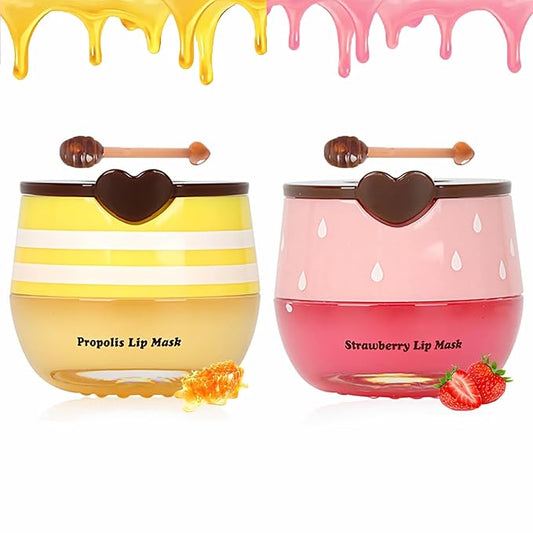 2 PCS Bee Lip Balm Lip Mask Honey Pot, Honey & Strawberry Lip Mask Propolis Moisturizing Lip Balm with Stick - Hydrating P...