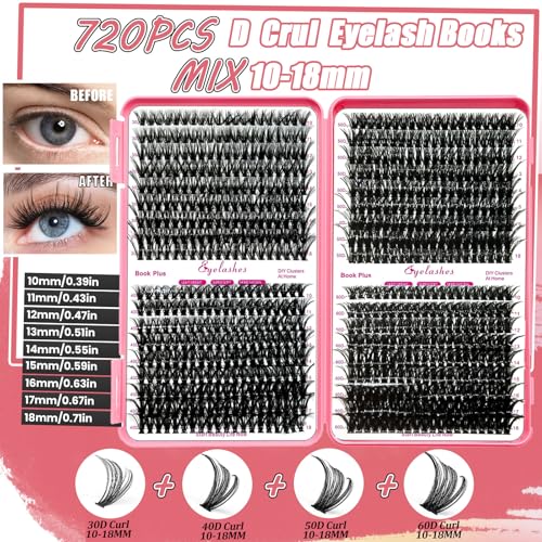 DNSGOOR DIY Lash Extension Kit 720Pcs 10-18mm D Curl Lashes Clusters with Lash Bond and Seal Glue Remover Lash Shampoo Cle...