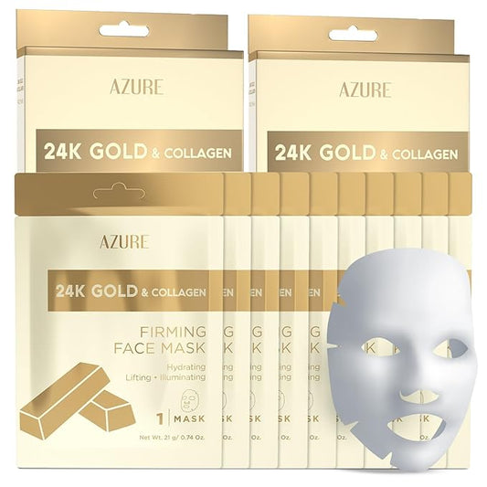Azure Cosmetics 24K Gold Firming Face Mask- Anti Aging, Hydrating, Toning & Firming Facial Sheet - Helps Reduce Wrinkles &...