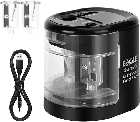 Eagle Electric Pencil Sharpener, Battery or USB Operated, Dual Holes, Dual Blades, fit for Pencils of Size 6-8mm and 9-12m...