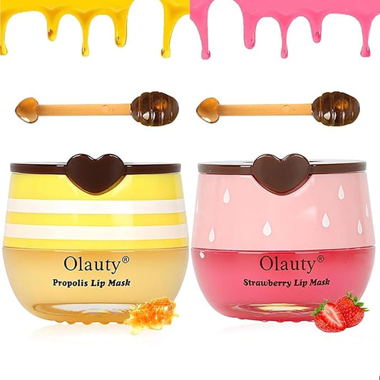 2PCS Bee Lip Balm Honey Pot, Honey Balm Strawberry Lip Sleep Masks Hydrating Prevention Dry and Cracked Lip Scrubs Exfolia...