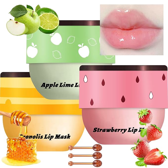 3 Pcs Bee Lip Balm Honey Pot, Honey Strawberry Apple Lip Mask Overnight, Moisturizing Lip Sleeping Mask, Hydrate Repair Pr...