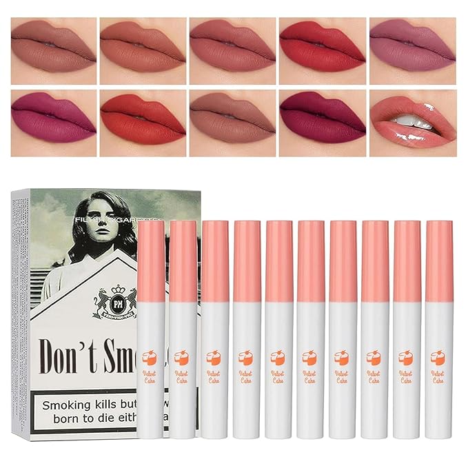 10 Colors Matte Lipstick Cigarettes Set,Red Matte Lipstick Lip Tint Stain Set,Waterproof Long Lasting Lipsticks 24 hours,G...