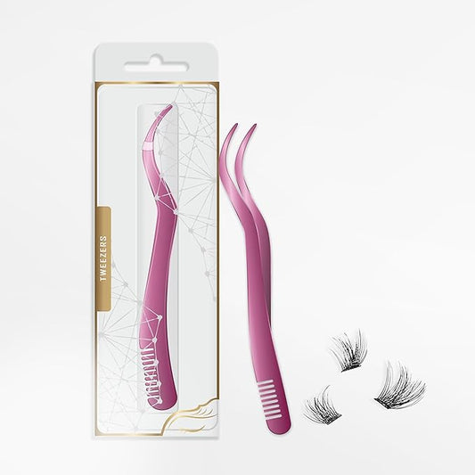 2 in 1 Lash Tweezer with Comb, Stainless Steel Elbow Tweezers, Eyelash Extension, Precise Eyebrow Tweezers Tool, Lashes Tw...