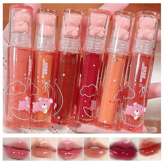 Yasovigi 6pcs Jelly Lip Gloss Bear Lip Stain Moisturizing Watery Lipstick Waterproof Long Lasting Cheek Cosmetics Beauty L...