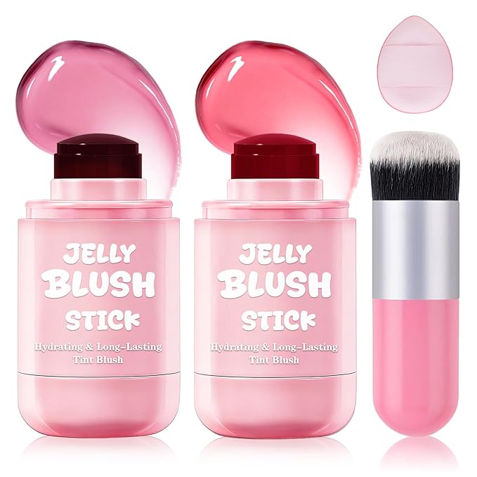 UAOE 2PCS Jelly Blush Stick for Cheeks,Multi-use Cooling Water Jelly Lip Stain Cheek Stain,Moisturizing,Cruelty-Free,Light...