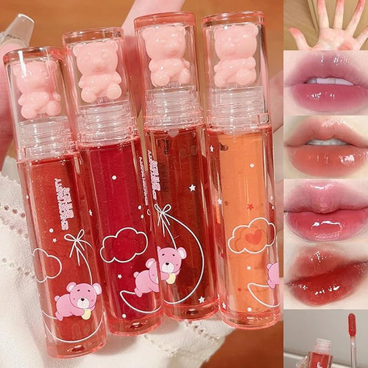 Baorder 4Pcs Bear Lip Glaze Hydrating Jelly Lip Gloss,Jelly Liquid Lipstick Cute Bear Lipgloss Moisturizing Lip Stain Plum...