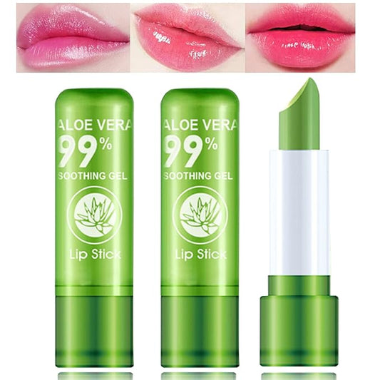 WYBLZPXZ 3 Pcs Aloe Vera Lipstick,Long Lasting Lip Care Nutritious Plumper Lip Balm Moisturizer Magic Temperature Color Ch...