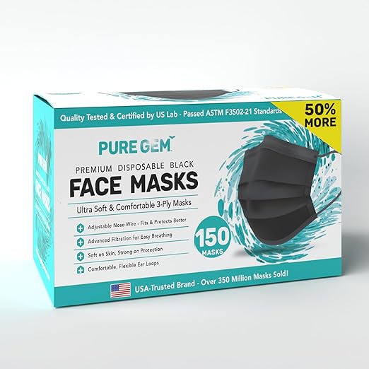 [Pack Of 150] Black Disposable Face Mask, 3-Ply Adult Masks, Facial Cover with Elastic Earloops For Home, Office, School, ...