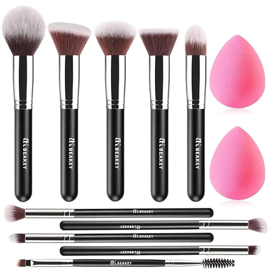 BEAKEY Makeup Brushes Set, Professional Foundation Eyeshadow Concealer Blush Powder Bronzer Applicator, 2 Blender Sponge w...
