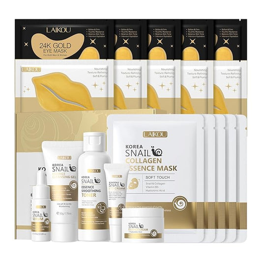 LAIKOU Korean Skin Care, Skin Care Set, Face Mask, Eye Mask, Lip Mask with Cleansing Gel, Toner, Eye Cream, Serum, Essence...