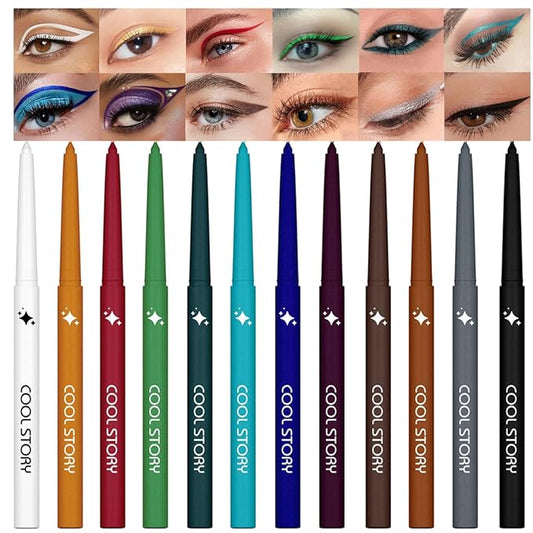 12 Colors Shimmer Eyeliner Pen Set, Waterproof, Long-Lasting, Glitter Eyeliner for Bold Eye Makeup, Metallic Glitter Finis...