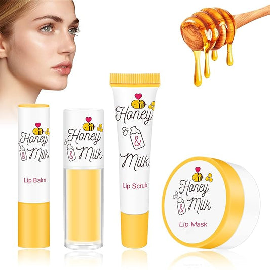 LSxia 4 Piece Honey Milk Lip Mask Lip Balm Lip Scrub Lip Oil Lip Care Kit, Moisturizing & Nourishing Dry and Cracked Lips,...