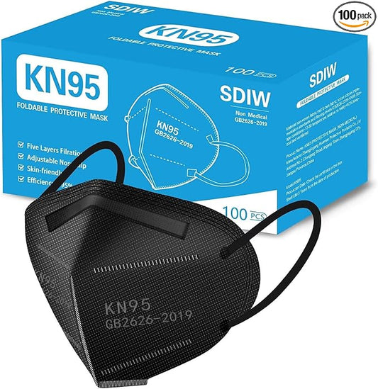 SDIW 100PCS KN95 Black Face Masks 5 Layer Filter Efficiency≥95% with Elastic Ear Loop and Nose Bridge Clip Breathable Mask