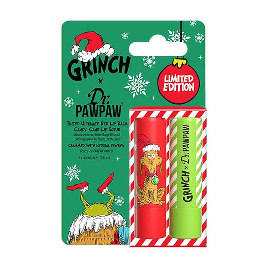 Dr. PawPaw The Grinch Set - Candy Cane and Ultimate Red - Lip Scrub and Natural Lip Balm - Gluten Free Care to Exfoliate, ...