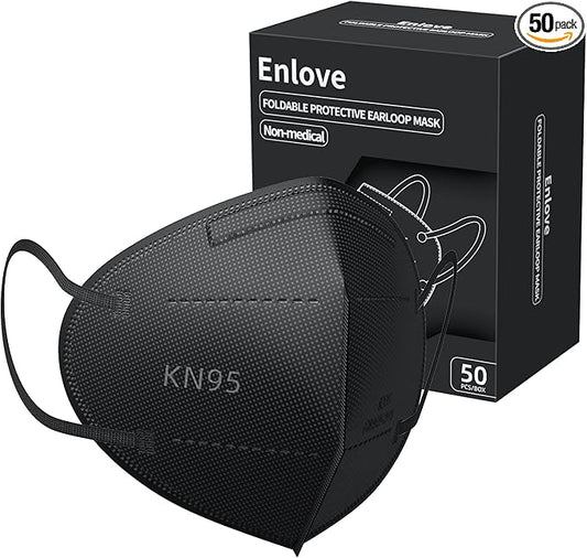 Enlove KN95 Face Mask Black 50 Pack, 5-Layer Filter Efficiency≥95% Face Masks