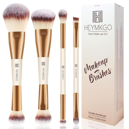 HEYMKGO Makeup Brushes Set, 4Pcs Double-ended Foundation Contour Powder Blush Concealer Eyeshadow Brush Set for Liquid, Cr...