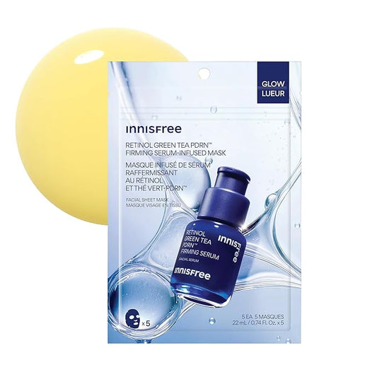 innisfree Retinol Green Tea PDRNTM Serum-Infused Mask, 5 Pack Sheet Masks for Firming & Smoothing, Ideal for Dry, Oily, an...