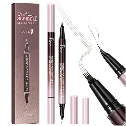 2 Pack Eyebrow Pen, Waterproof Microblading Eyebrow Pencil, 2-in-1 4 Tip Eye Brow Makeup Pen for Women with Precise Curved...