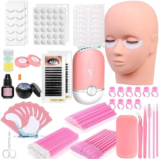Lashes Kit for Beginner, Eyelash Extension Kit with Eye Lash Mannequin Head, Individual Lash Glue, Eyelash Remover, Fan, E...
