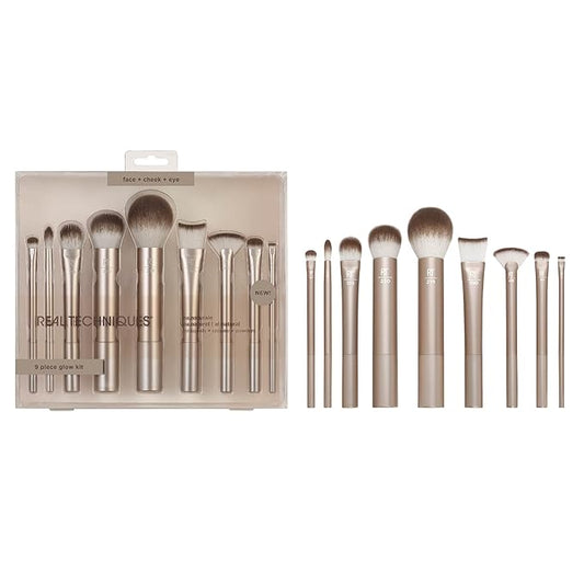 Real Techniques 9 Piece Au Naturale Makeup Brush Set, For Liquid, Cream, & Powder Eyeshadow, Foundation, Blush, Bronzer & ...