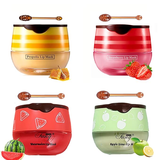 4 PCS Bee Lip Balm Honey Pot,Lip Mask Propolis Moisturizing,Prevention Dry and Cracked Lip Scrubs Exfoliator Lip Wrinkle S...