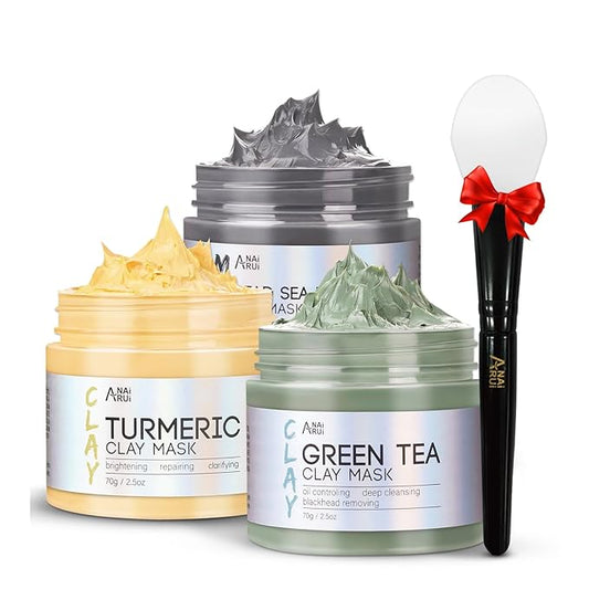ANAI RUI 3 Pcs Face Mask Set - Turmeric Clay Mask - Green Tea Face Mask - Dead Sea Mud Mask for Oily Skin, Blackheads & Po...