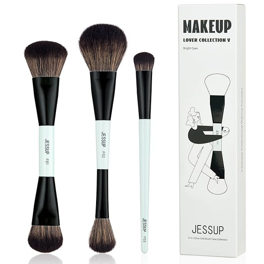 Jessup Face Makeup Brushes Blue 3pcs Double Ended Makeup Brush for Foundation Contour Blush Highlight and Concealer Brush,...