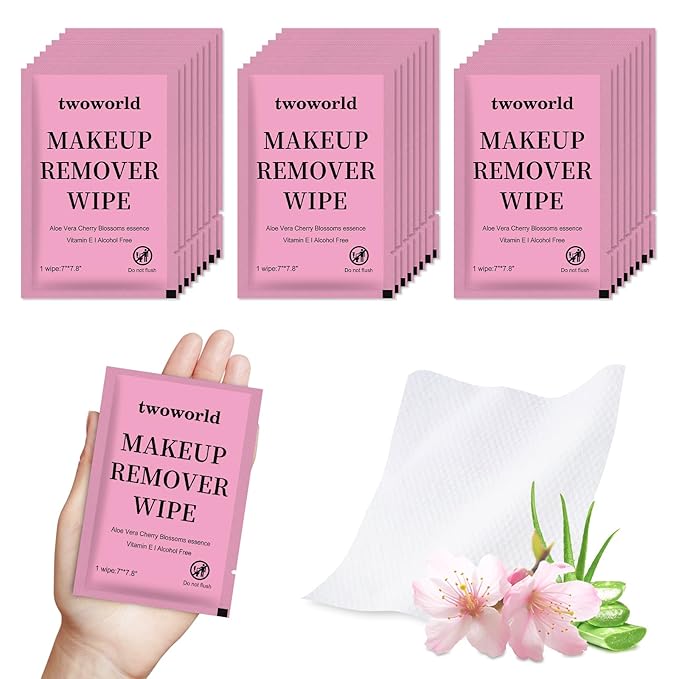 Twoworld Makeup Remover Wipes Bulk Individually Wrapped,Travel Makeup Wipes Gentle for Face Cleansing Mascara Lipstick Tra...