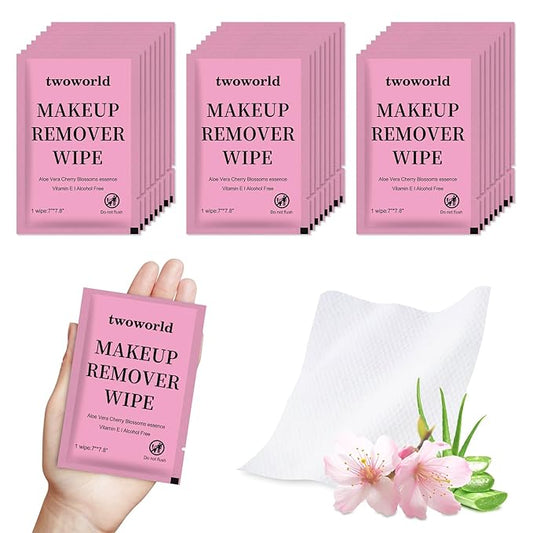 Twoworld Makeup Remover Wipes Bulk Individually Wrapped,Travel Makeup Wipes Gentle for Face Cleansing Mascara Lipstick Tra...