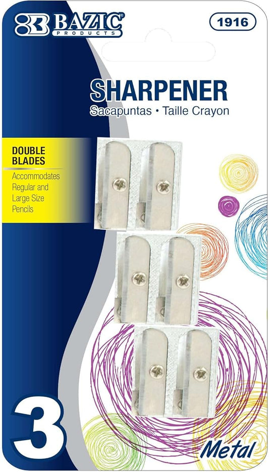 BAZIC Pencil Sharpener Metal Silver Dual Blades, Standard & Jumbo Size Pencils Crayon, Double Blade Sharpeners (3/Pack), ...