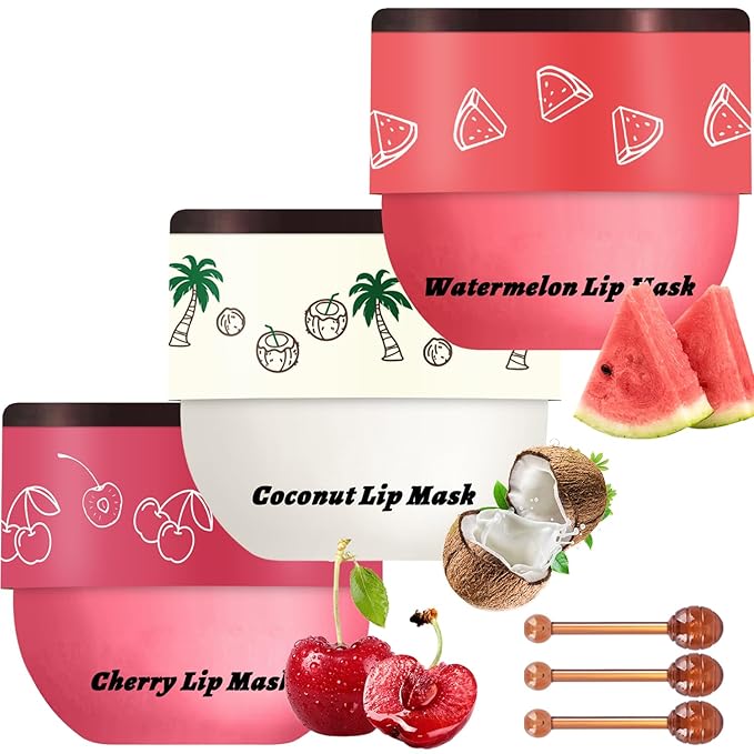 3 PCS Bee Lip Balm Lip Mask Honey Pot, Watermelon & Cherry & Coconut Lip Mask Propolis Moisturizing Lip, Hydrating Prevent...